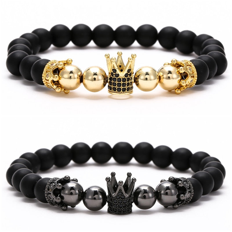 2022 Fashion Micro CZ King crown charm bracelet handmade stretch men's 8mm Copper beads women bracelet bangle jewelry