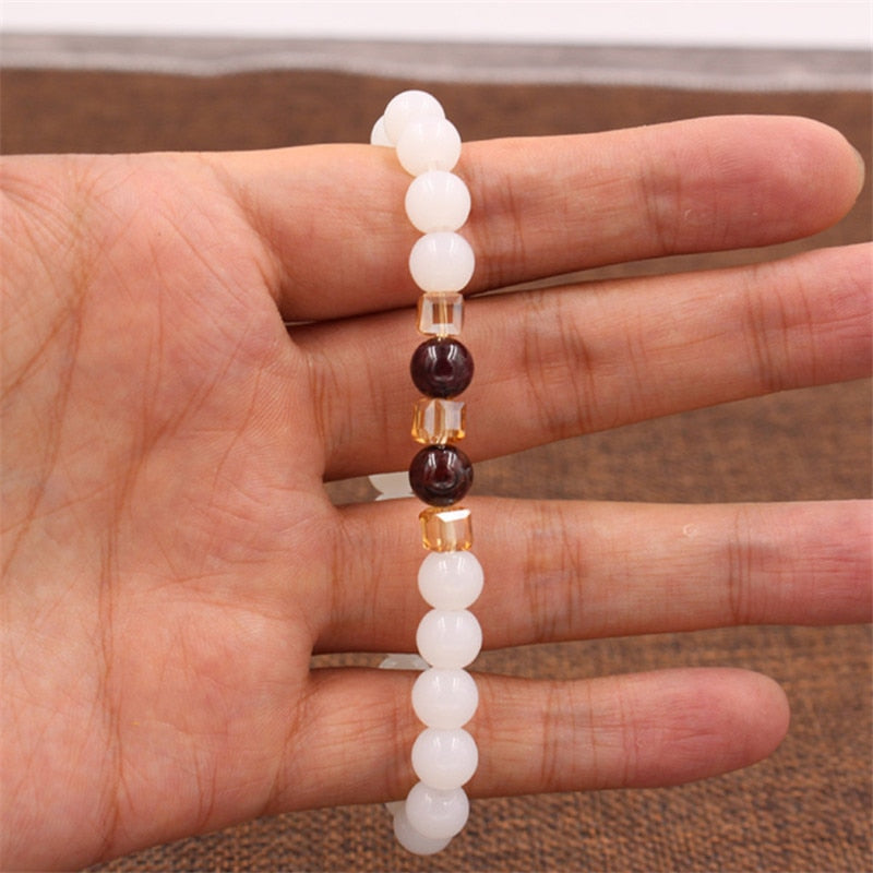 Top Natural White Chalcedony Garnet Bracelets &amp; Bangle For Women Jewelry Buddha Elastic Yoga Stone Bead Bracelet DropShipping