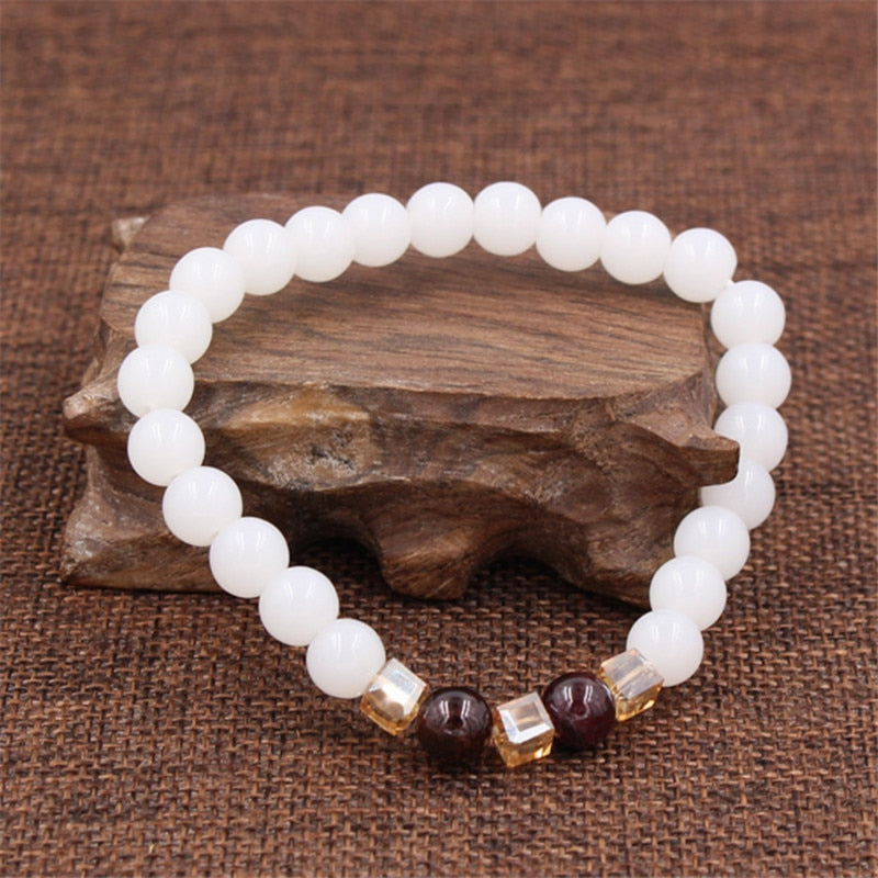 Top Natural White Chalcedony Garnet Bracelets &amp; Bangle For Women Jewelry Buddha Elastic Yoga Stone Bead Bracelet DropShipping
